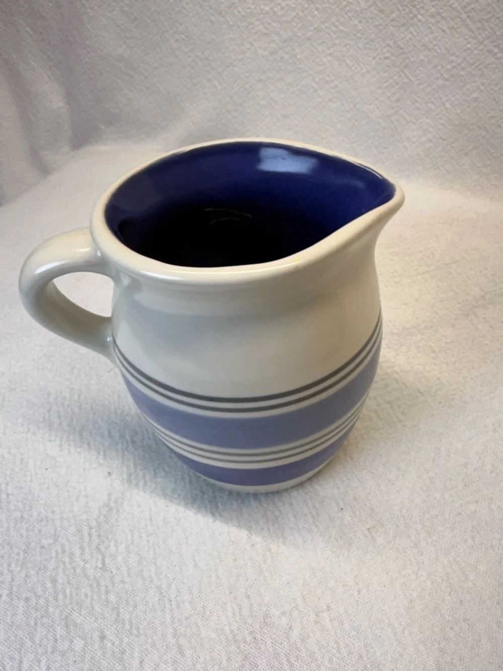 VTG Pfalzgraff Rio Stoneware Creamer blue & gray bands white body blue interior.